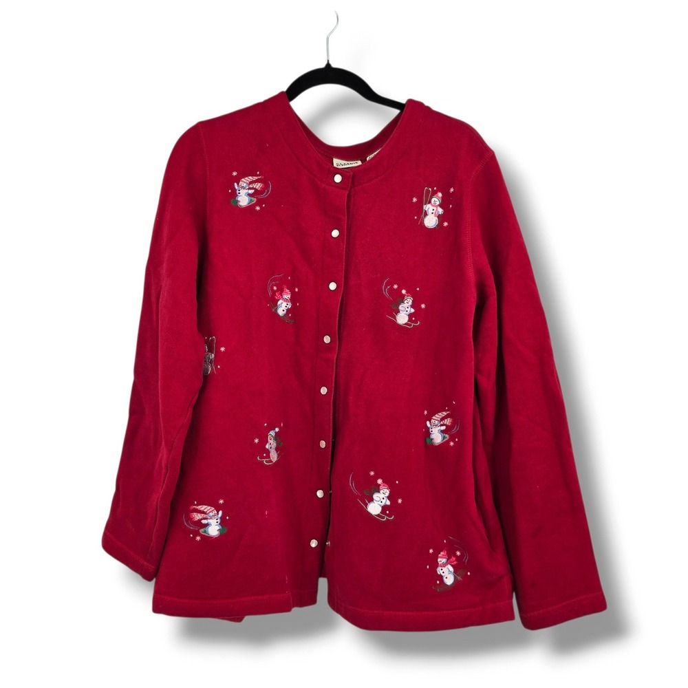 Classic Elements Womens Red Embroidered Snowman Button Front Cardigan L 14-16